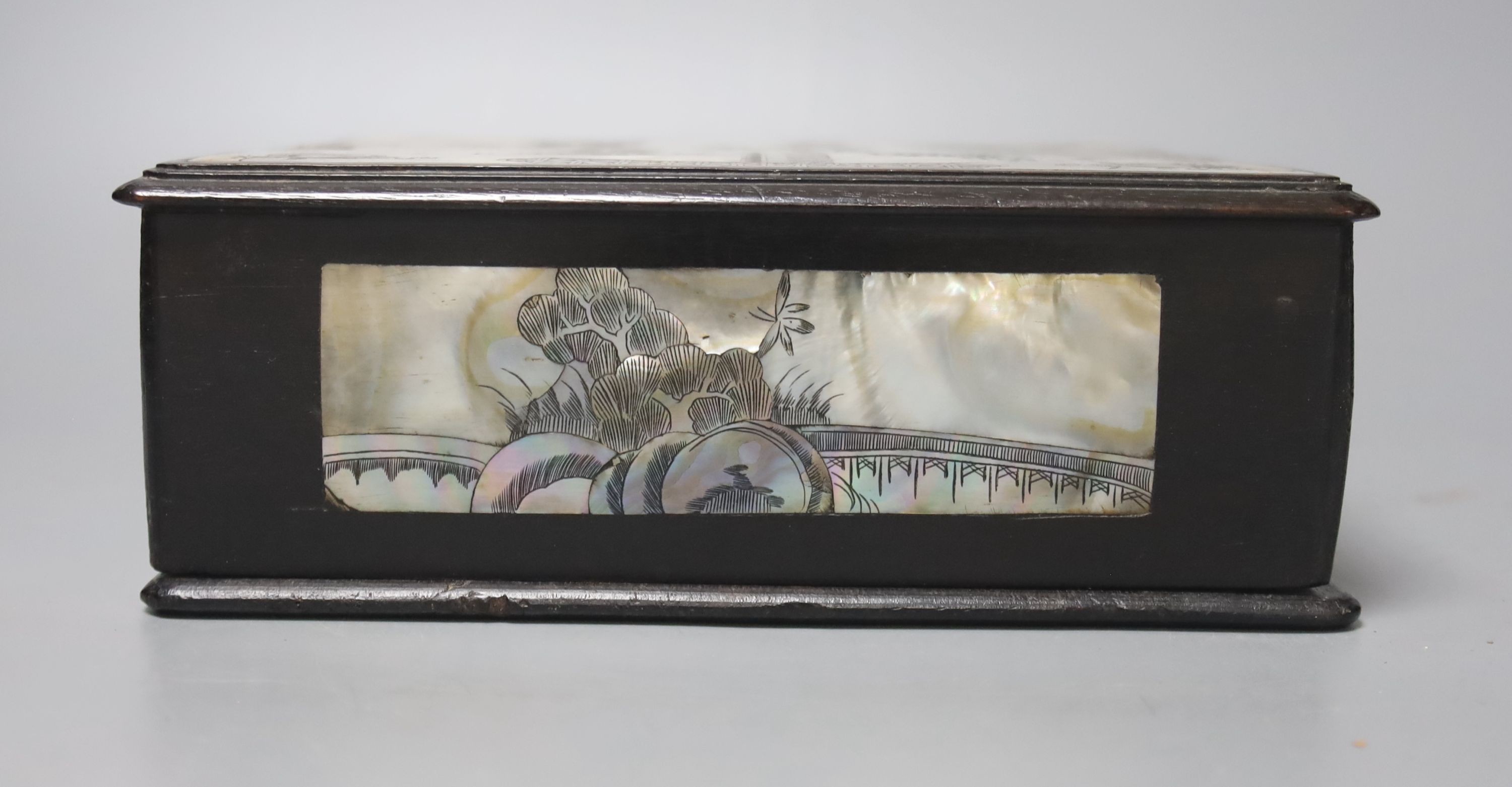 A Chinese mother of pearl inlaid hardwood square box and cover 20.5cm
